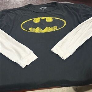 Batman Black Tee with Distressed Yellow Emblem and White Layered Sleeves